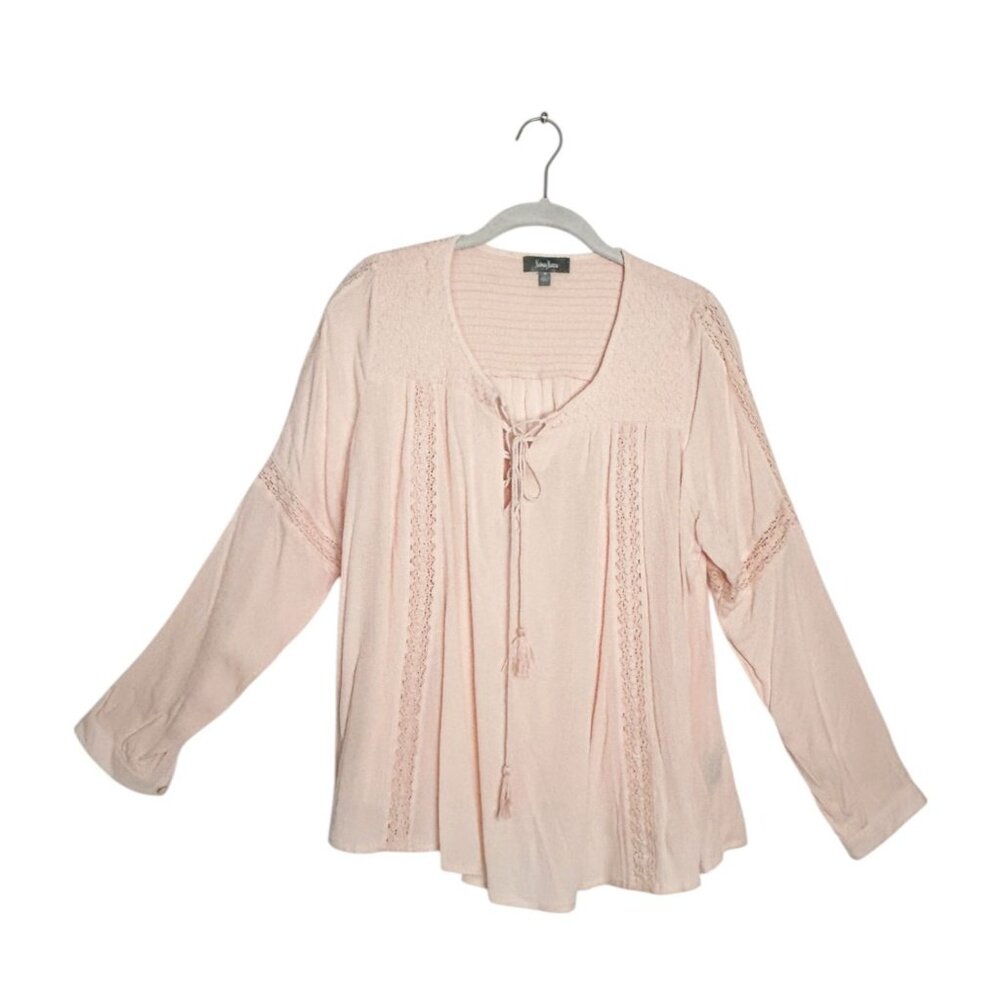 Neiman Marcus Women's Tie Neck Long Sleeve Pullover Top in Blush Pink - Sz M